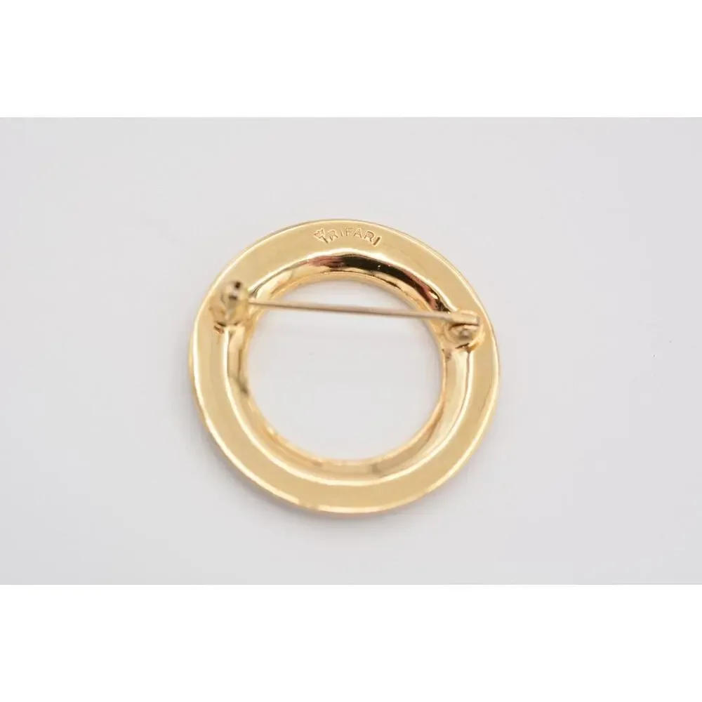 Crown Trifari Vintage Pin Brooch Round Circle Brushed Gold Textured Signed BinAT